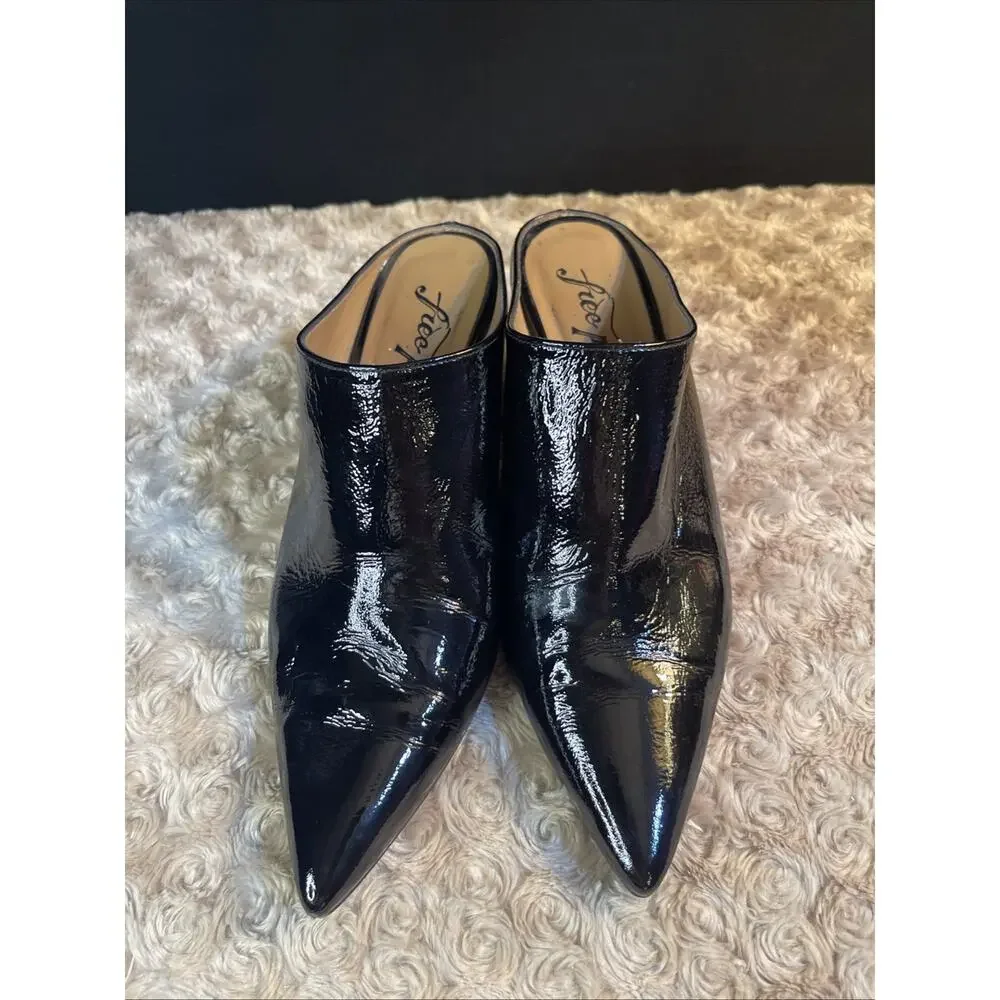 Free People Women’s Black Patent Leather Heeled Mules Size 37 Made In Spain